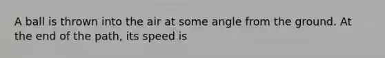 A ball is thrown into the air at some angle from the ground. At the end of the path, its speed is