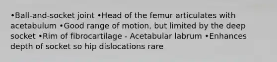 •Ball-and-socket joint •Head of the femur articulates with acetabulum •Good range of motion, but limited by the deep socket •Rim of fibrocartilage - Acetabular labrum •Enhances depth of socket so hip dislocations rare