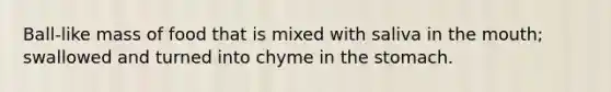 Ball-like mass of food that is mixed with saliva in the mouth; swallowed and turned into chyme in the stomach.