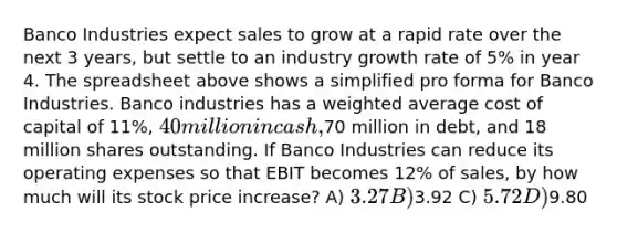 Banco Industries expect sales to grow at a rapid rate over the next 3 years, but settle to an industry growth rate of 5% in year 4. The spreadsheet above shows a simplified pro forma for Banco Industries. Banco industries has a weighted average cost of capital of 11%, 40 million in cash,70 million in debt, and 18 million shares outstanding. If Banco Industries can reduce its operating expenses so that EBIT becomes 12% of sales, by how much will its stock price increase? A) 3.27 B)3.92 C) 5.72 D)9.80