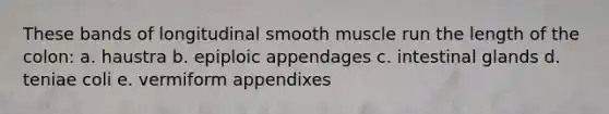 These bands of longitudinal smooth muscle run the length of the colon: a. haustra b. epiploic appendages c. intestinal glands d. teniae coli e. vermiform appendixes