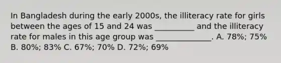 In Bangladesh during the early 2000s, the illiteracy rate for girls between the ages of 15 and 24 was __________ and the illiteracy rate for males in this age group was ______________. A. 78%; 75% B. 80%; 83% C. 67%; 70% D. 72%; 69%