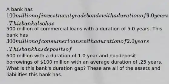 A bank has 100 million of investment grade bonds with a duration of 9.0 years. This bank also has500 million of commercial loans with a duration of 5.0 years. This bank has 300 million of consumer loans with a duration of 2.0 years. This bank has deposits of600 million with a duration of 1.0 year and nondeposit borrowings of 100 million with an average duration of .25 years. What is this bank's duration gap? These are all of the assets and liabilities this bank has.