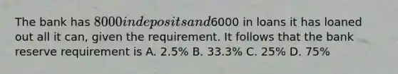 The bank has 8000 in deposits and6000 in loans it has loaned out all it can, given the requirement. It follows that the bank reserve requirement is A. 2.5% B. 33.3% C. 25% D. 75%