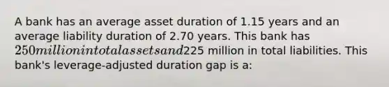 A bank has an average asset duration of 1.15 years and an average liability duration of 2.70 years. This bank has 250 million in total assets and225 million in total liabilities. This bank's leverage-adjusted duration gap is a: