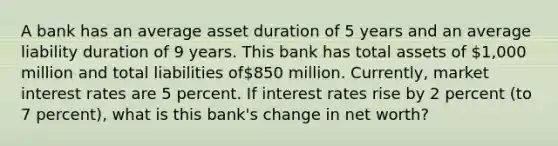 A bank has an average asset duration of 5 years and an average liability duration of 9 years. This bank has total assets of 1,000 million and total liabilities of850 million. Currently, market interest rates are 5 percent. If interest rates rise by 2 percent (to 7 percent), what is this bank's change in net worth?