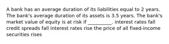 A bank has an average duration of its liabilities equal to 2 years. The bank's average duration of its assets is 3.5 years. The bank's market value of equity is at risk if __________. interest rates fall credit spreads fall interest rates rise the price of all fixed-income securities rises