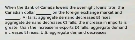 When the Bank of Canada lowers the overnight loans rate, the Canadian dollar ________ on the foreign exchange market and ________. A) falls; aggregate demand decreases B) rises; aggregate demand decreases C) falls; the increase in imports is <a href='https://www.questionai.com/knowledge/ktgHnBD4o3-greater-than' class='anchor-knowledge'>greater than</a> the increase in exports D) falls; aggregate demand increases E) rises; U.S. aggregate demand decreases