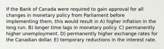 If the Bank of Canada were required to gain approval for all changes in monetary policy from Parliament before implementing them, this would result in A) higher inflation in the long run. B) longer time lags in monetary policy. C) permanently higher unemployment. D) permanently higher exchange rates for the Canadian dollar. E) temporary reductions in the interest rate.