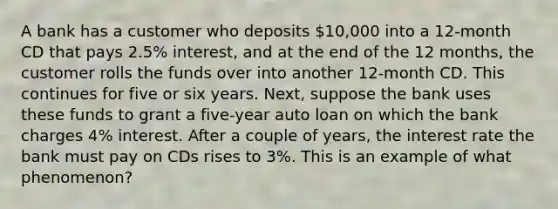 A bank has a customer who deposits 10,000 into a 12-month CD that pays 2.5% interest, and at the end of the 12 months, the customer rolls the funds over into another 12-month CD. This continues for five or six years. Next, suppose the bank uses these funds to grant a five-year auto loan on which the bank charges 4% interest. After a couple of years, the interest rate the bank must pay on CDs rises to 3%. This is an example of what phenomenon?