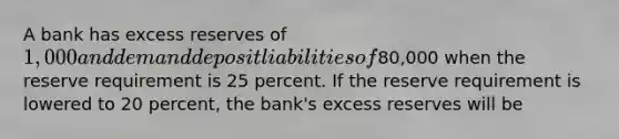 A bank has excess reserves of 1,000 and demand deposit liabilities of80,000 when the reserve requirement is 25 percent. If the reserve requirement is lowered to 20 percent, the bank's excess reserves will be