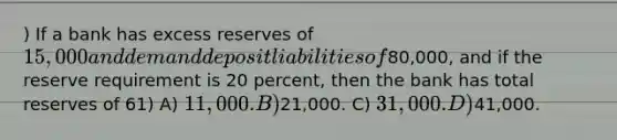 ) If a bank has excess reserves of 15,000 and demand deposit liabilities of80,000, and if the reserve requirement is 20 percent, then the bank has total reserves of 61) A) 11,000. B)21,000. C) 31,000. D)41,000.