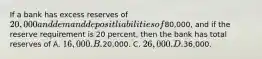 If a bank has excess reserves of 20,000 and demand deposit liabilities of80,000, and if the reserve requirement is 20 percent, then the bank has total reserves of A. 16,000. B.20,000. C. 26,000. D.36,000.