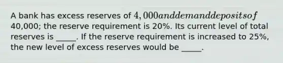 A bank has excess reserves of 4,000 and demand deposits of40,000; the reserve requirement is 20%. Its current level of total reserves is _____. If the reserve requirement is increased to 25%, the new level of excess reserves would be _____.