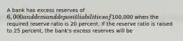 A bank has excess reserves of 6,000 and demand deposit liabilities of100,000 when the required reserve ratio is 20 percent. If the reserve ratio is raised to 25 percent, the bank's excess reserves will be