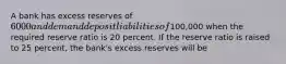 A bank has excess reserves of 6000 and demand deposit liabilities of100,000 when the required reserve ratio is 20 percent. If the reserve ratio is raised to 25 percent, the bank's excess reserves will be