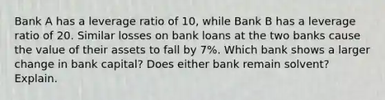 Bank A has a leverage ratio of 10, while Bank B has a leverage ratio of 20. Similar losses on bank loans at the two banks cause the value of their assets to fall by 7%. Which bank shows a larger change in bank capital? Does either bank remain solvent? Explain.