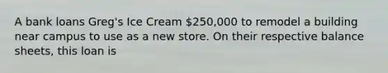 A bank loans Greg's Ice Cream 250,000 to remodel a building near campus to use as a new store. On their respective balance sheets, this loan is