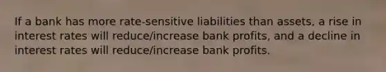 If a bank has more rate-sensitive liabilities than assets, a rise in interest rates will reduce/increase bank profits, and a decline in interest rates will reduce/increase bank profits.