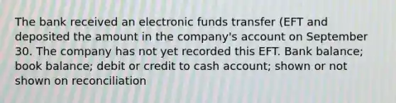 The bank received an electronic funds transfer (EFT and deposited the amount in the company's ac<a href='https://www.questionai.com/knowledge/kIt7oUhyhX-count-on' class='anchor-knowledge'>count on</a> September 30. The company has not yet recorded this EFT. Bank balance; book balance; debit or credit to cash account; shown or not shown on reconciliation