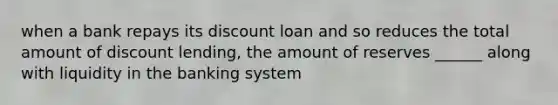 when a bank repays its discount loan and so reduces the total amount of discount lending, the amount of reserves ______ along with liquidity in the banking system