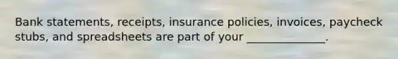 Bank statements, receipts, insurance policies, invoices, paycheck stubs, and spreadsheets are part of your ______________.