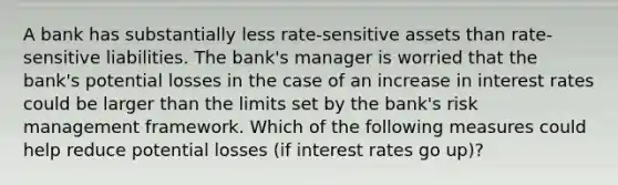 A bank has substantially less rate-sensitive assets than rate-sensitive liabilities. The bank's manager is worried that the bank's potential losses in the case of an increase in interest rates could be larger than the limits set by the bank's risk management framework. Which of the following measures could help reduce potential losses (if interest rates go up)?