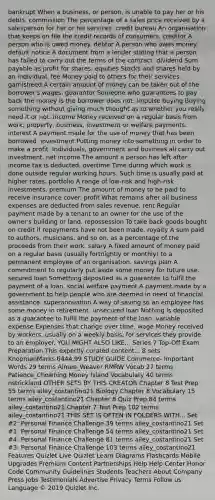 bankrupt When a business, or person, is unable to pay her or his debts. commission The percentage of a sales price received by a salesperson for her or his services. credit bureau An organisation that keeps on file the credit records of consumers. creditor A person who is owed money. debtor A person who owes money. default notice A document from a lender stating that a person has failed to carry out the terms of the contract. dividend Sum payable as profit for shares. equities Stocks and shares held by an individual. fee Money paid to others for their services. garnisheed A certain amount of money can be taken out of the borrower's wages. guarantor Someone who guarantees to pay back the money is the borrower does not. impulse buying Buying something without giving much thought as to whether you really need it or not. income Money received on a regular basis from work, property, business, investment or welfare payments. interest A payment made for the use of money that has been borrowed. investment Putting money into something in order to make a profit. Individuals, government and business all carry out investment. net income The amount a person has left after income tax is deducted. overtime Time during which work is done outside regular working hours. Such time is usually paid at higher rates. portfolio A range of low-risk and high-risk investments. premium The amount of money to be paid to receive insurance cover. profit What remains after all business expenses are deducted from sales revenue. rent Regular payment made by a tenant to an owner for the use of the owner's building or land. repossession To take back goods bought on credit if repayments have not been made. royalty A sum paid to authors, musicians, and so on, as a percentage of the proceeds from their work. salary A fixed amount of money paid on a regular basis (usually fortnightly or monthly) to a permanent employee of an organisation. savings plan A commitment to regularly put aside some money for future use. secured loan Something deposited as a guarantee to fulfil the payment of a loan. social welfare payment A payment made by a government to help people who are deemed in need of financial assistance. superannuation A way of saving so an employee has some money in retirement. unsecured loan Nothing is deposited as a guarantee to fulfil the payment of the loan. variable expense Expenses that change over time. wage Money received by workers, usually on a weekly basis, for services they provide to an employer. YOU MIGHT ALSO LIKE... Series 7 Top-Off Exam Preparation This expertly curated content... 8 sets KnopmanMarks 6444.99 STUDY GUIDE Commerce- Important Words 29 terms Aimee_Weaver RMRW Vocab 27 terms Patience_Chowning Money Island Vocabulary 40 terms nstrickland OTHER SETS BY THIS CREATOR Chapter 8 Test Prep 55 terms ailey_costantino21 Biology Chapter 8 Vocabulary 15 terms ailey_costantino21 Chapter 8 Quiz Prep 84 terms ailey_costantino21 Chapter 7 Test Prep 102 terms ailey_costantino21 THIS SET IS OFTEN IN FOLDERS WITH... Set #2: Personal Finance Challenge 39 terms ailey_costantino21 Set #1: Personal Finance Challenge 54 terms ailey_costantino21 Set #4: Personal Finance Challenge 81 terms ailey_costantino21 Set #3: Personal Finance Challenge 103 terms ailey_costantino21 Features Quizlet Live Quizlet Learn Diagrams Flashcards Mobile Upgrades Premium Content Partnerships Help Help Center Honor Code Community Guidelines Students Teachers About Company Press Jobs Testimonials Advertise Privacy Terms Follow us Language © 2019 Quizlet Inc.