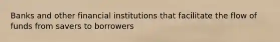 Banks and other financial institutions that facilitate the flow of funds from savers to borrowers