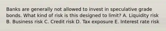 Banks are generally not allowed to invest in speculative grade bonds. What kind of risk is this designed to limit? A. Liquidity risk B. Business risk C. Credit risk D. Tax exposure E. Interest rate risk