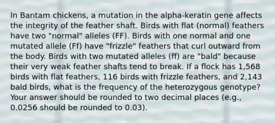 In Bantam chickens, a mutation in the alpha-keratin gene affects the integrity of the feather shaft. Birds with flat (normal) feathers have two "normal" alleles (FF). Birds with one normal and one mutated allele (Ff) have "frizzle" feathers that curl outward from the body. Birds with two mutated alleles (ff) are "bald" because their very weak feather shafts tend to break. If a flock has 1,568 birds with flat feathers, 116 birds with frizzle feathers, and 2,143 bald birds, what is the frequency of the heterozygous genotype? Your answer should be rounded to two decimal places (e.g., 0.0256 should be rounded to 0.03).