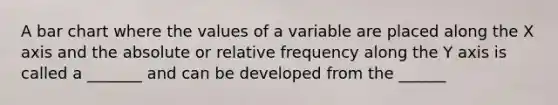 A bar chart where the values of a variable are placed along the X axis and the absolute or relative frequency along the Y axis is called a _______ and can be developed from the ______