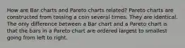 How are Bar charts and Pareto charts related? Pareto charts are constructed from tossing a coin several times. They are identical. The only difference between a Bar chart and a Pareto chart is that the bars in a Pareto chart are ordered largest to smallest going from left to right.