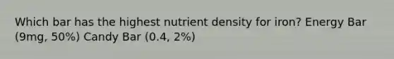 Which bar has the highest nutrient density for iron? Energy Bar (9mg, 50%) Candy Bar (0.4, 2%)