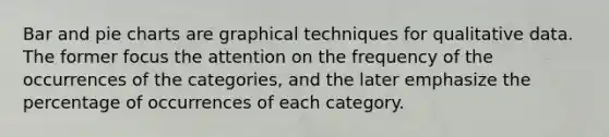 Bar and <a href='https://www.questionai.com/knowledge/kDrHXijglR-pie-chart' class='anchor-knowledge'>pie chart</a>s are graphical techniques for qualitative data. The former focus the attention on the frequency of the occurrences of the categories, and the later emphasize the percentage of occurrences of each category.