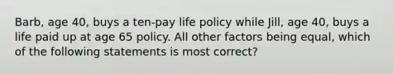 Barb, age 40, buys a ten-pay life policy while Jill, age 40, buys a life paid up at age 65 policy. All other factors being equal, which of the following statements is most correct?