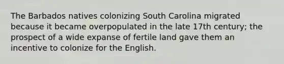 The Barbados natives colonizing South Carolina migrated because it became overpopulated in the late 17th century; the prospect of a wide expanse of fertile land gave them an incentive to colonize for the English.