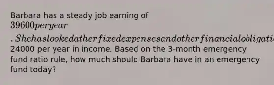 Barbara has a steady job earning of 39600 per year. She has looked at her fixed expenses and other financial obligations and determined that in the event of a major financial emergency she would need to replace approximately24000 per year in income. Based on the 3-month emergency fund ratio rule, how much should Barbara have in an emergency fund today?