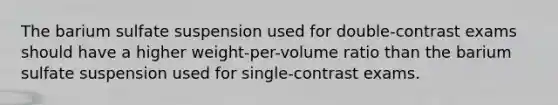 The barium sulfate suspension used for double-contrast exams should have a higher weight-per-volume ratio than the barium sulfate suspension used for single-contrast exams.