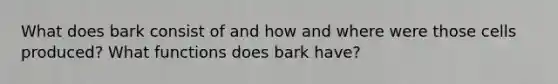 What does bark consist of and how and where were those cells produced? What functions does bark have?