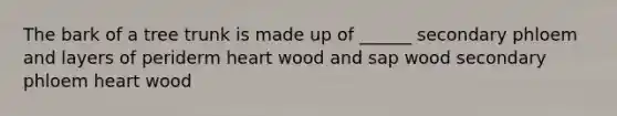 The bark of a tree trunk is made up of ______ secondary phloem and layers of periderm heart wood and sap wood secondary phloem heart wood