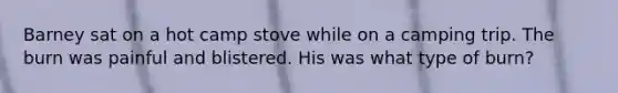 Barney sat on a hot camp stove while on a camping trip. The burn was painful and blistered. His was what type of burn?