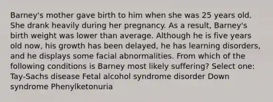 Barney's mother gave birth to him when she was 25 years old. She drank heavily during her pregnancy. As a result, Barney's birth weight was lower than average. Although he is five years old now, his growth has been delayed, he has learning disorders, and he displays some facial abnormalities. From which of the following conditions is Barney most likely suffering? Select one: Tay-Sachs disease Fetal alcohol syndrome disorder Down syndrome Phenylketonuria