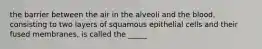 the barrier between the air in the alveoli and the blood, consisting to two layers of squamous epithelial cells and their fused membranes, is called the _____