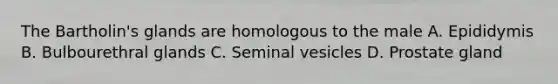 The Bartholin's glands are homologous to the male A. Epididymis B. Bulbourethral glands C. Seminal vesicles D. Prostate gland