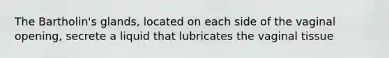 The Bartholin's glands, located on each side of the vaginal opening, secrete a liquid that lubricates the vaginal tissue