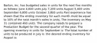 Barton, Inc. has budgeted sales in units for the next five months as follows: June 4,600 units July 7,200 units August 5,400 units September 6,800 units October 3,800 units Past experience has shown that the ending inventory for each month must be equal to 10% of the next month's sales in units. The inventory on May 31 contained 400 units. The company needs to prepare a Production Budget for the second quarter of the year. The opening inventory in units for September is: The total number of units to be produced in July is: the desired ending inventory for August is: