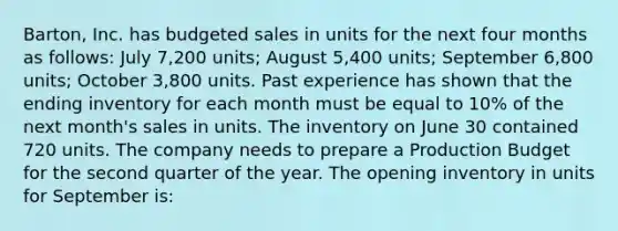 Barton, Inc. has budgeted sales in units for the next four months as follows: July 7,200 units; August 5,400 units; September 6,800 units; October 3,800 units. Past experience has shown that the ending inventory for each month must be equal to 10% of the next month's sales in units. The inventory on June 30 contained 720 units. The company needs to prepare a Production Budget for the second quarter of the year. The opening inventory in units for September is: