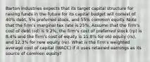 Barton Industries expects that its target capital structure for raising funds in the future for its capital budget will consist of 40% debt, 5% preferred stock, and 55% common equity. Note that the firm's marginal tax rate is 25%. Assume that the firm's cost of debt (rd) is 9.2%, the firm's cost of preferred stock (rp) is 8.4% and the firm's cost of equity is 11.8% for old equity (rs), and 12.3% for new equity (re). What is the firm's weighted average cost of capital (WACC) if it uses retained earnings as its source of common equity?