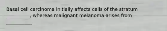 Basal cell carcinoma initially affects cells of the stratum __________, whereas malignant melanoma arises from ___________.